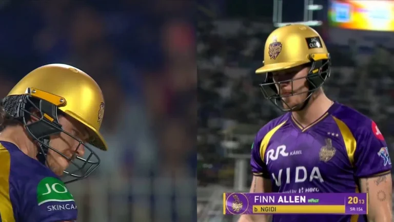 Finn Allen punches bat in anger after being dismissed by Lungi Ngidi in KKR vs DC clash